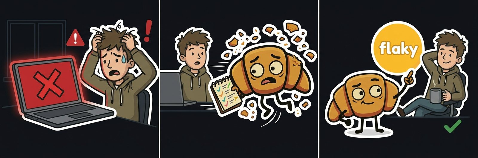 Three-panel comic. A developer panics in front of a red build. The croissant mascot rushes in with the test's history in a notebook. The croissant points out "flaky" and the developer relaxes with a coffee.